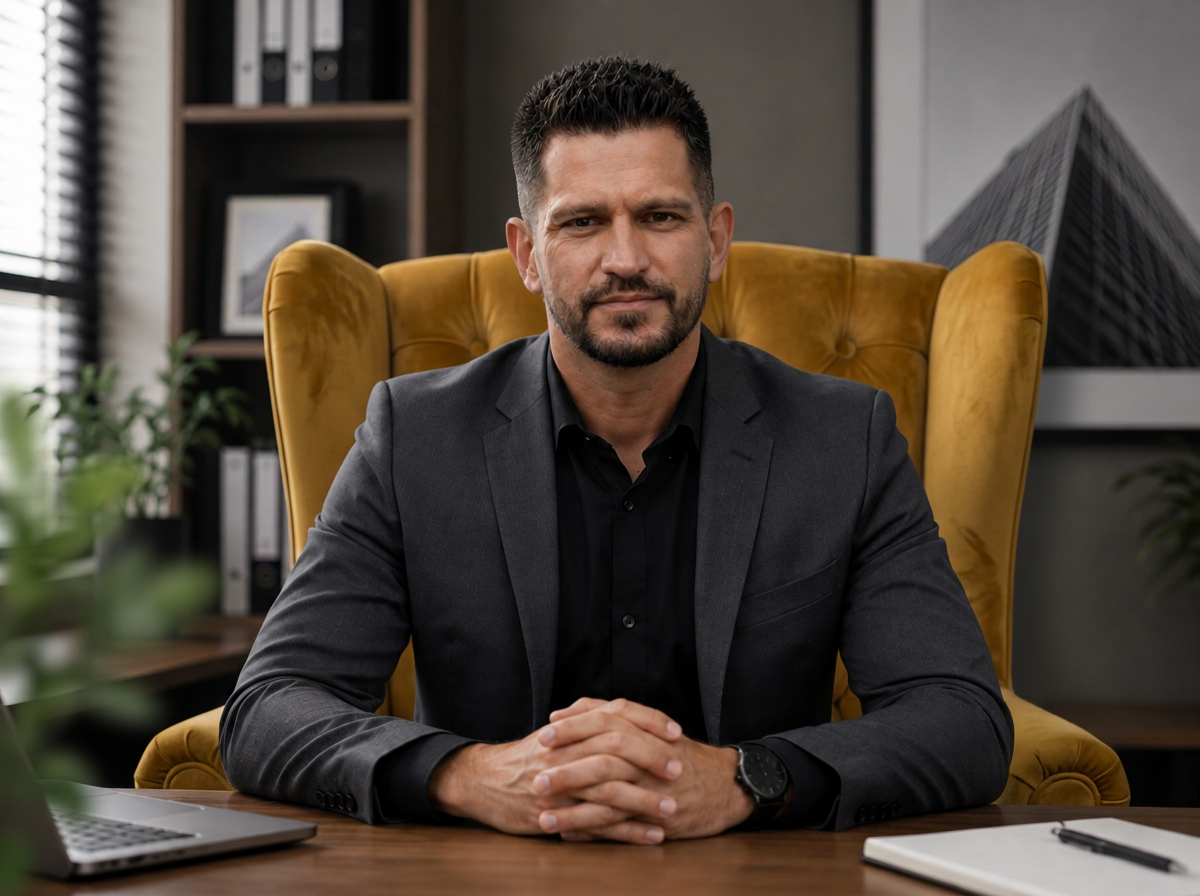 Eldrid Venter, CA(SA), seated in a mustard wingback chair in his office